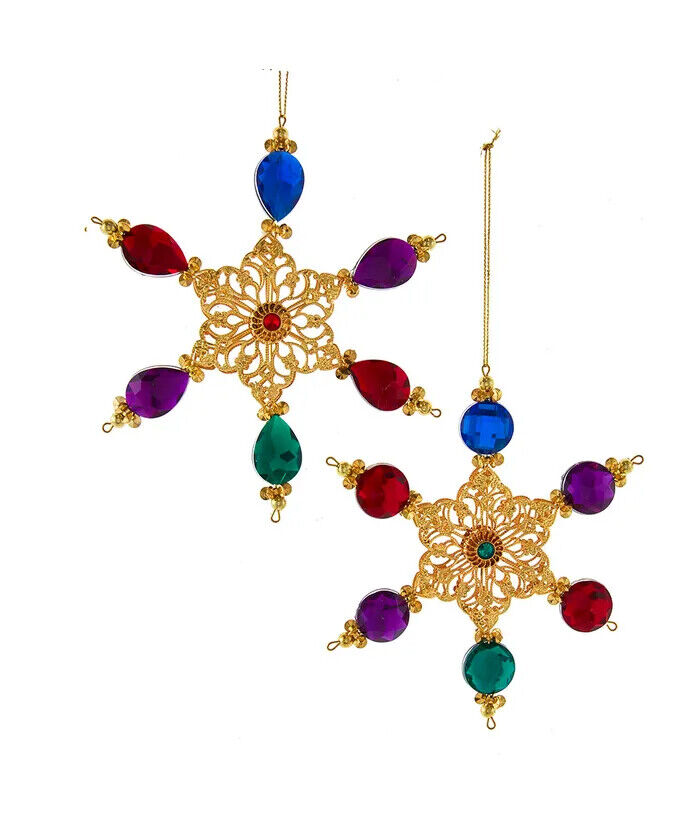 Set of 2 Jeweled White and Gold Snowflake Ornaments  T3222