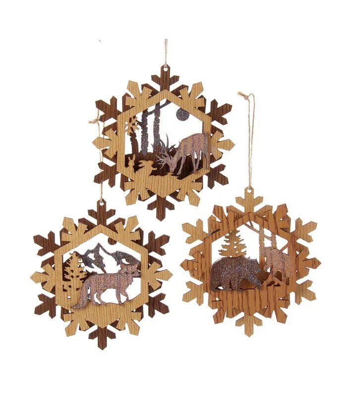 Set of 3 Wooden Deer, Fox and Bear Ornaments  D4072
