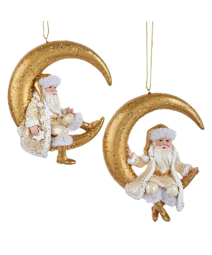 Set of 2 Ivory and Gold Santa On Moon Ornaments E0836