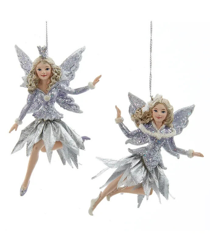 Set of 2 Icy Periwinkle Flying Fairy Ornaments E0814