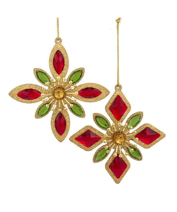 Set of 2 Traditional Colored Jeweled Snowflake Ornaments D4291