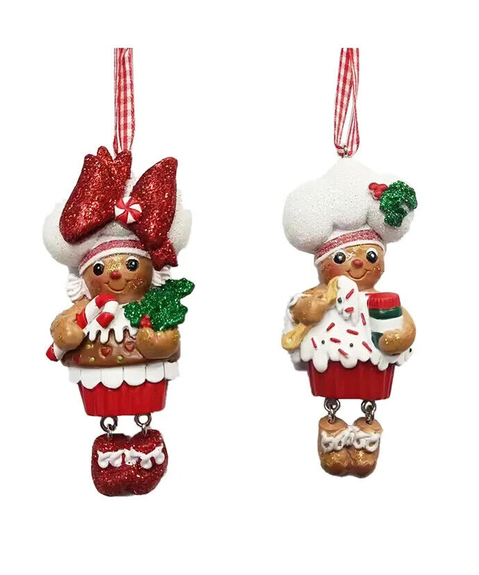 Set of 2 Gingerbread Boy & Girl Cupcake Ornaments H5681