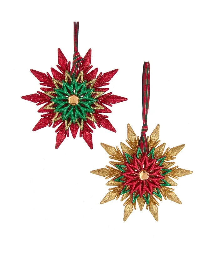 Set of 2 Red, Gold and Green Glittered Snowflake Ornaments T3357