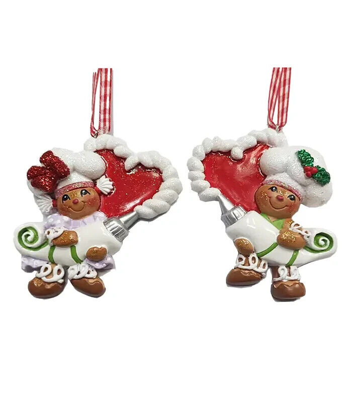 Set of 2 Gingerbread Boy & Girl With Frosting Heart Ornaments H5679