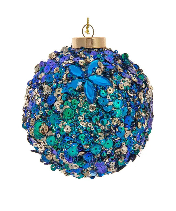 100MM Peacock Inspired Glittered and Sequined Ball Ornament H0748