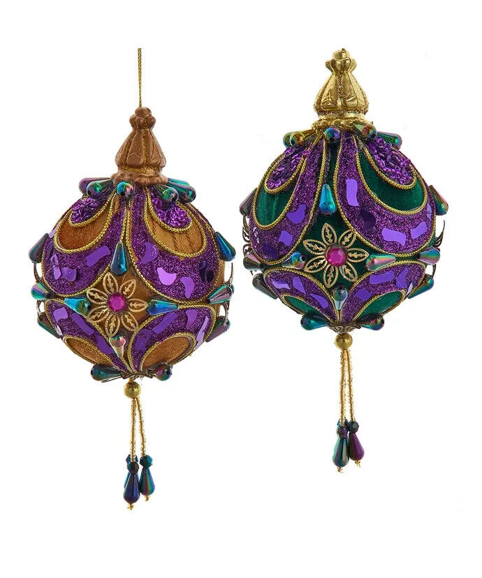 Set of 2 Peacock Colored Ball With Dangle Ornaments T3460