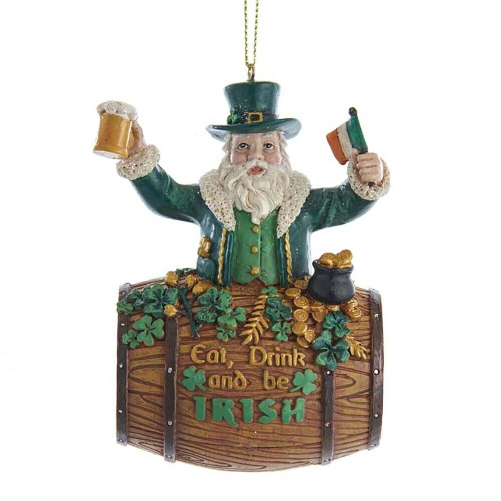 Irish Santa In Barrel Holding Beer and Irish Flag Ornament