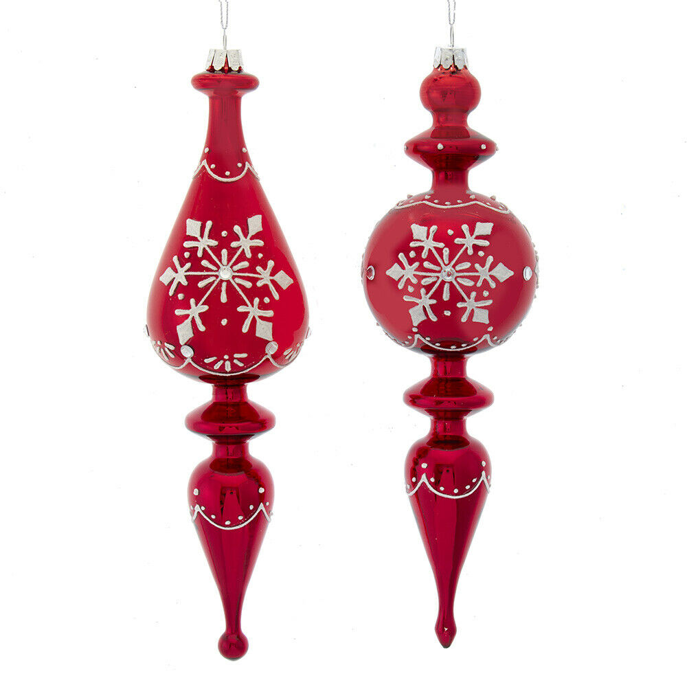Set of 2 Glass Shiny Red Finial With Snowflake Pattern Ornaments