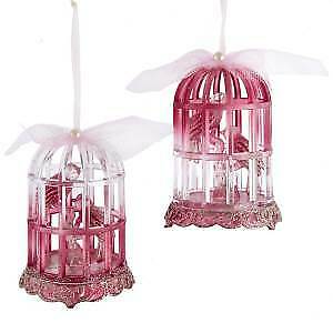 Set of 2 Burgundy Birdcage With Glitter Ornaments