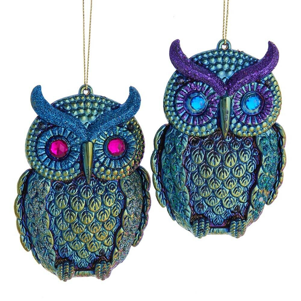 Set of 2 Peacock Inspired Owl Ornaments