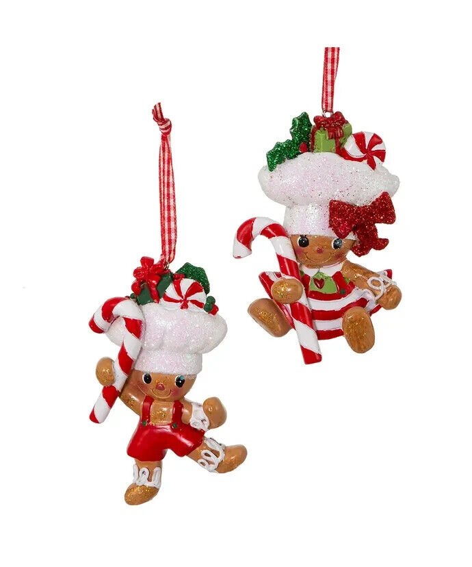 Set of 2 Gingerbread Baker Girl and Boy With Candy Cane Ornaments  H5622