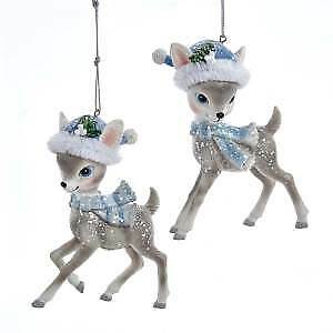 Set of 2 Grey Deer With Santa Hat Ornaments