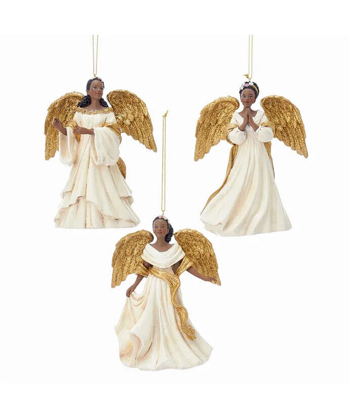 Set of 3 Ivory and Gold African American Angel Ornaments C7607