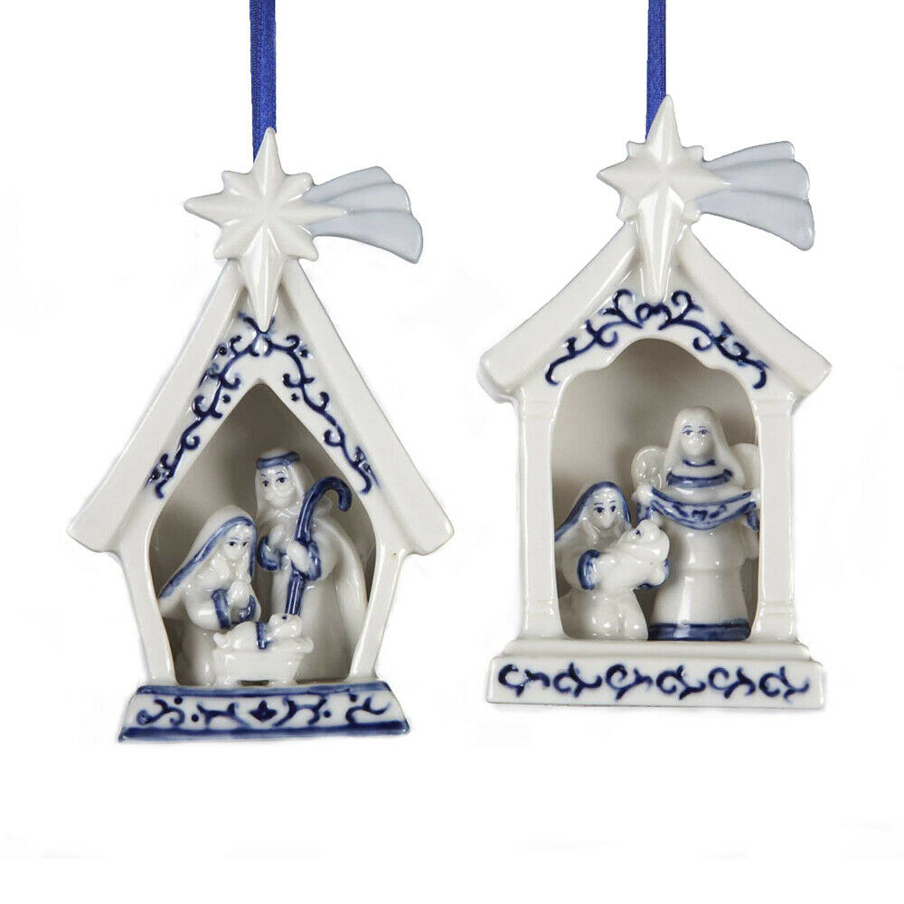 Set of 2 Delft Blue Porcelain Holy Family Ornaments