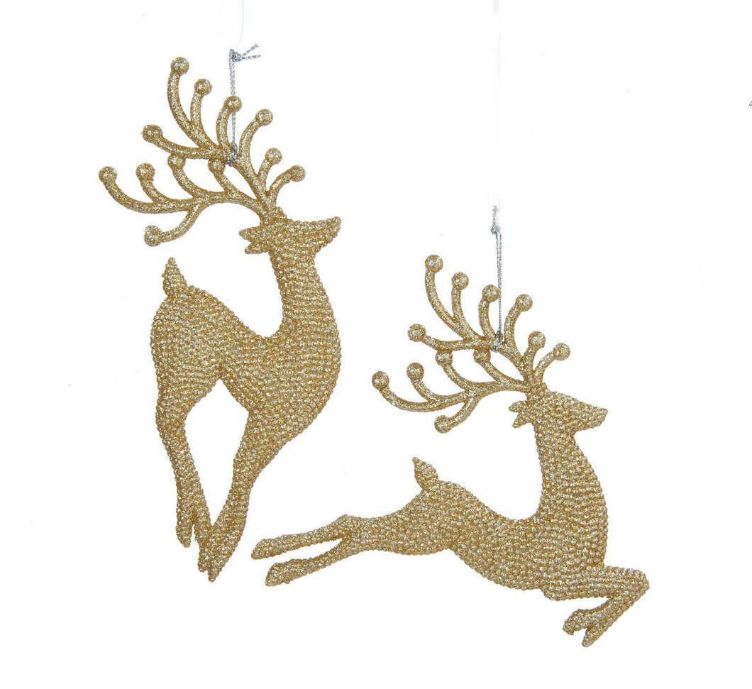 Set of 2 Champagne Gold Diamond Reindeer Acrylic Ornaments