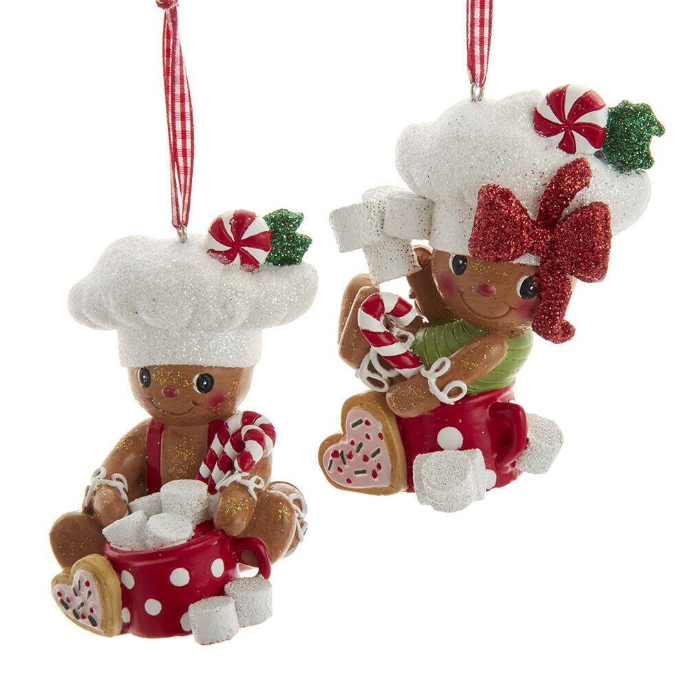 2 Gingerbread Boy and Girl With Hot Cocoa and Marshmallows Ornaments