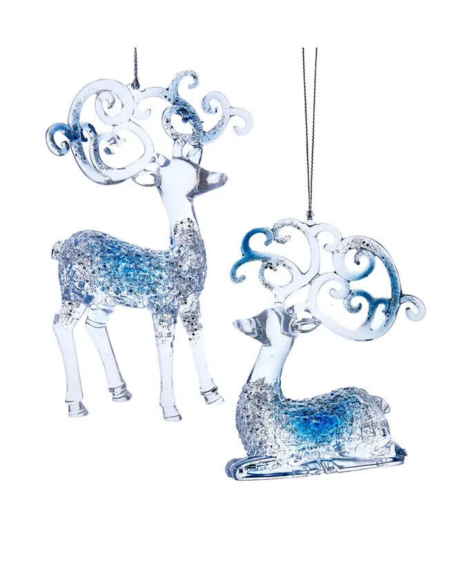 Set of 2 Blue and Clear Deer Ornaments T3418