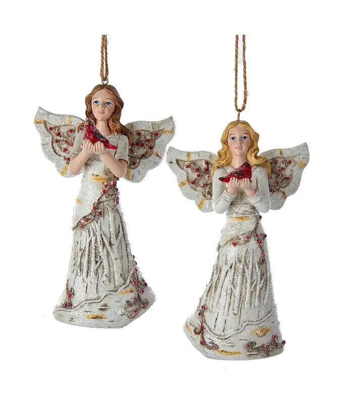 Set of 2 Birch Berries Angel Holding Cardinal Ornaments C7930