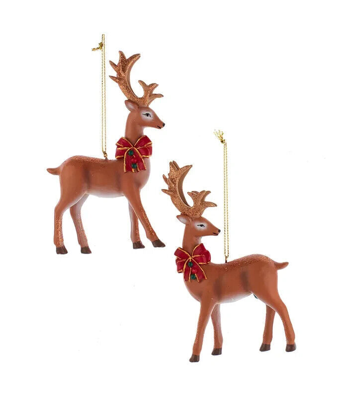 Set of 2 Reindeer With Red Bow Ornament  D4340