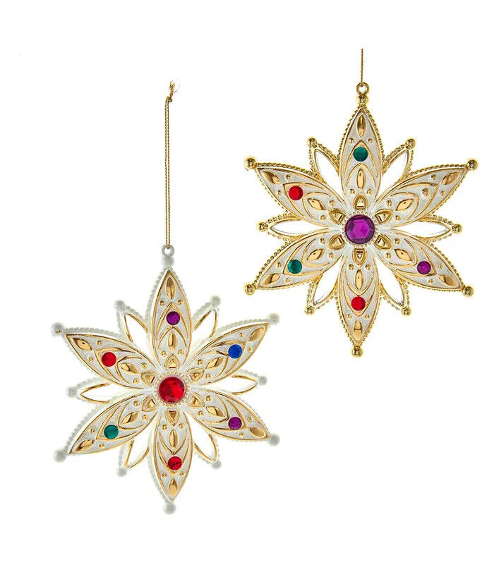 Set of 2 White and Gold Jeweled Snowflake Ornaments T3212