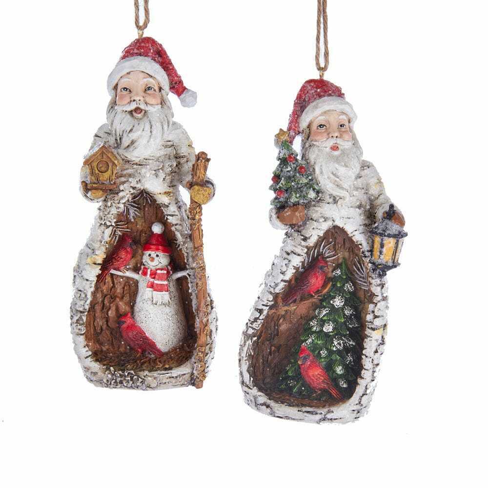 Set of 2 Birch Santa With Cardinals Ornaments