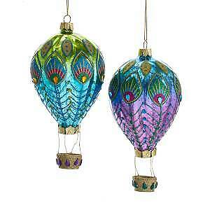 Set of 2 Glass Peacock Hot Air Balloon Ornaments