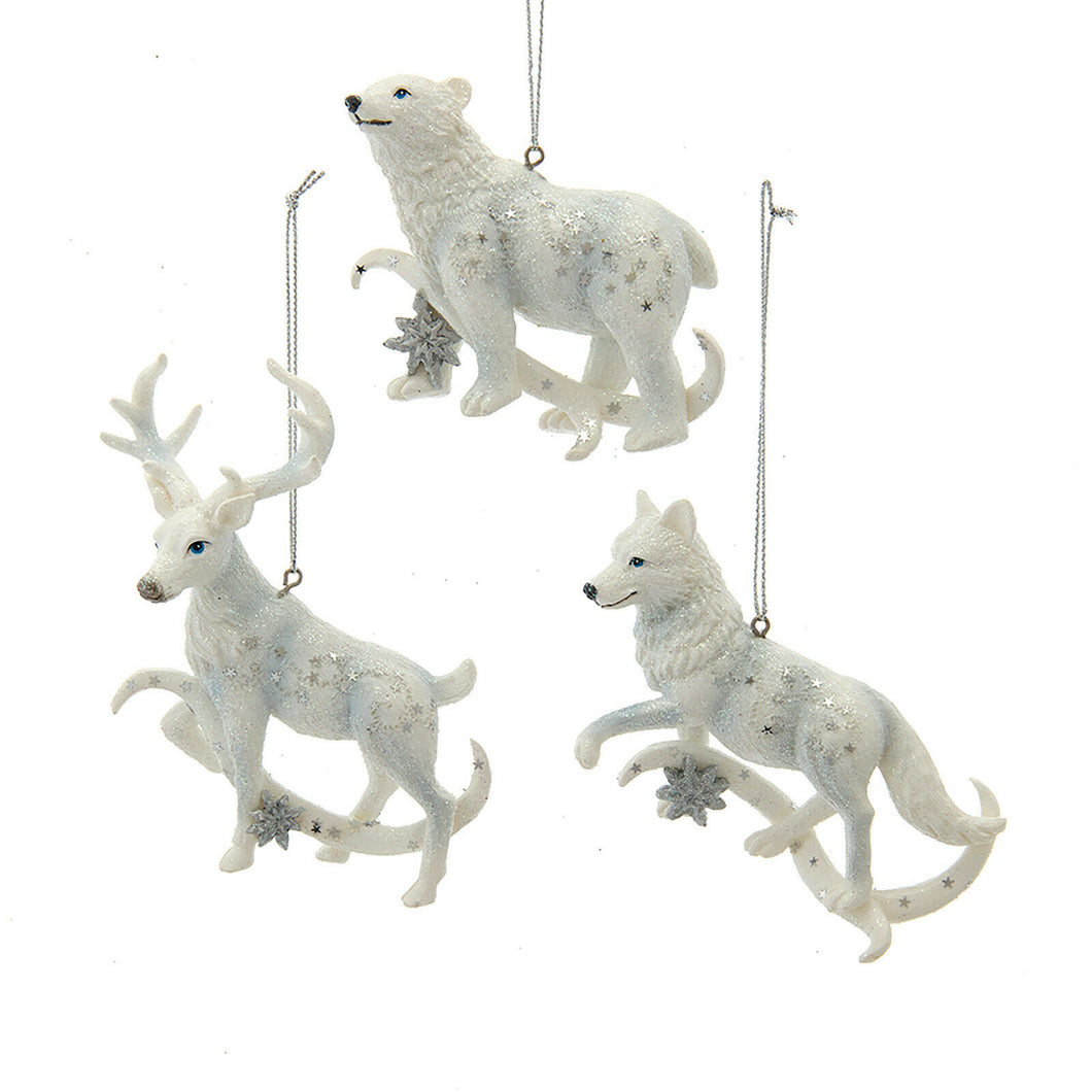 Set of 3 Silver And White Wolf, Polar Bear and Deer Ornaments