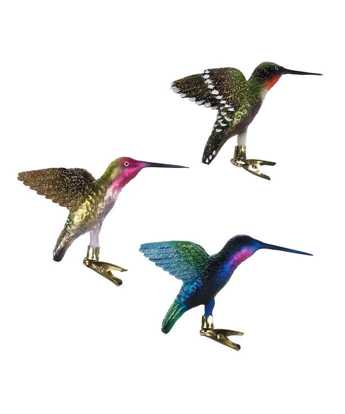 Set of 3 Noble Gems Hummingbird Clip-On Glass Ornaments