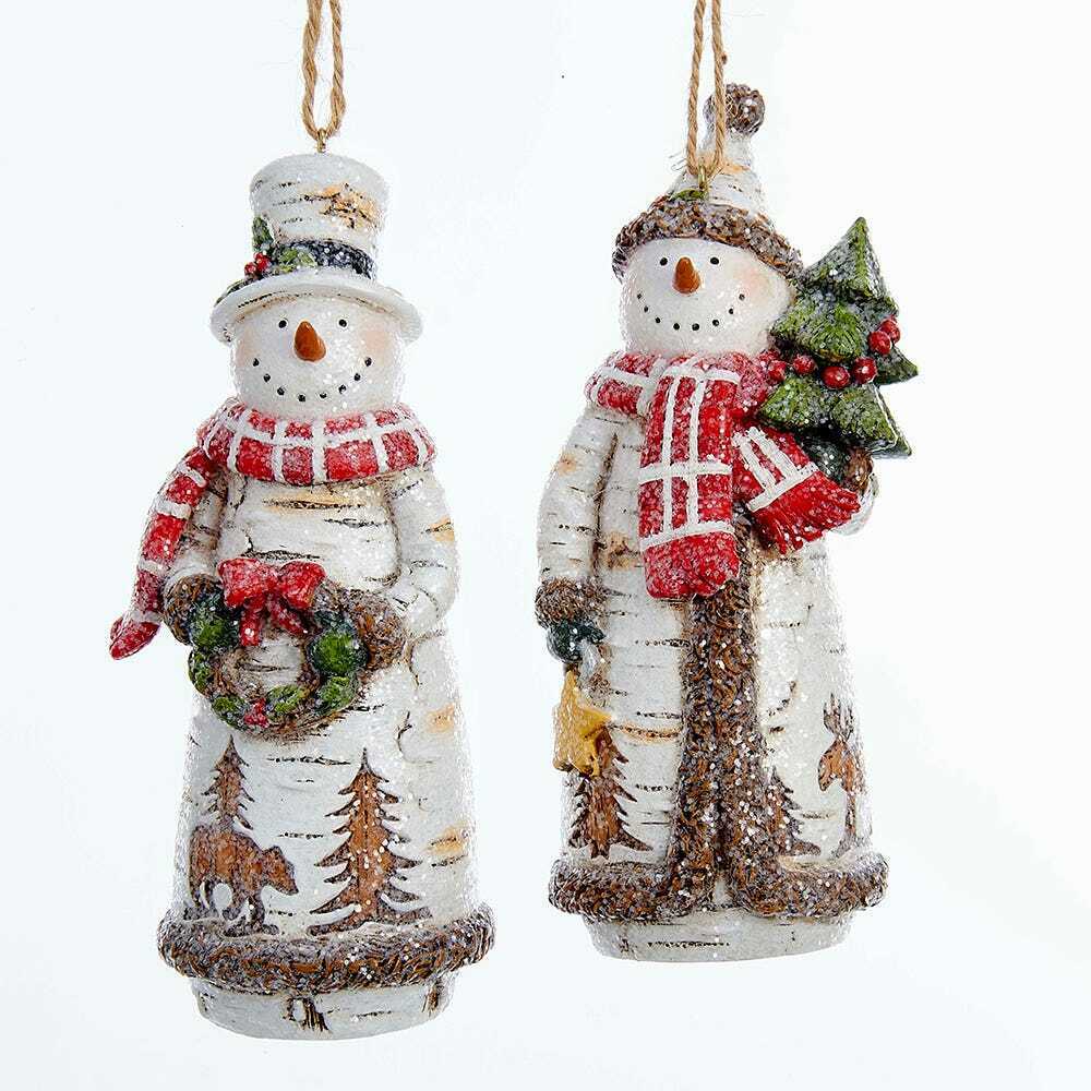 Set of 2 Birch Snowman Holding Christmas Tree and Wreath Ornaments