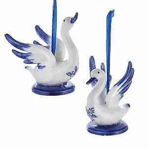 Set of 2 Porcelain Delft Blue Swan Ornaments