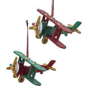 Set of 2 North Pole Wooden Airplane Ornaments