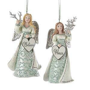 Set of 2 Sage Green and Soft White Angel With Sign Ornaments