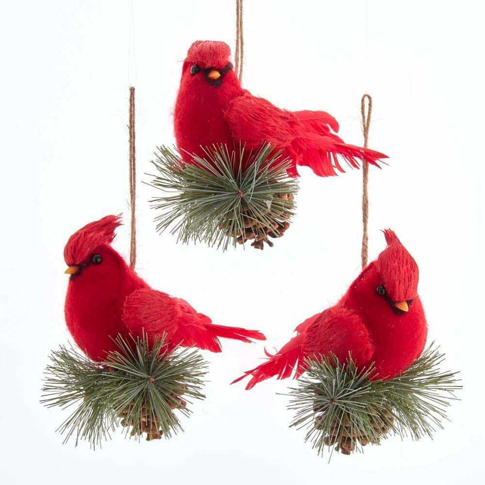 Set of 3 Cardinal On Pinecone Ornaments