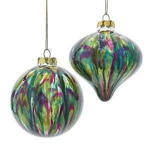 Set of 2 100MM Glass Green and Purple Ball and Onion Ornaments