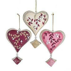 Set of 3 Burgundy, Ivory and Pink Heart Ornaments