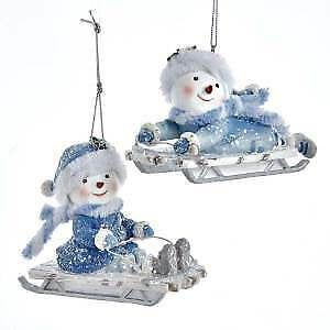 Set of 2 Blue Snowman Sledding Ornaments