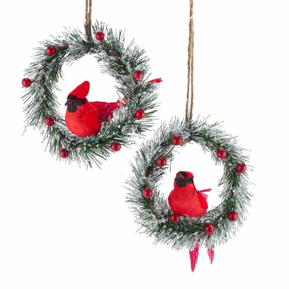 Set of 2 Iced Pine Wreath With Cardinal Ornaments