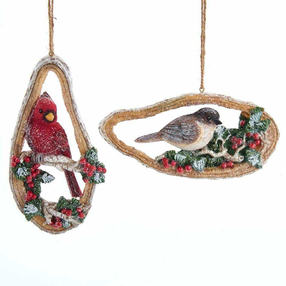 Set of 2 Birch Berries Cardinal and Chickadee Frame Ornaments