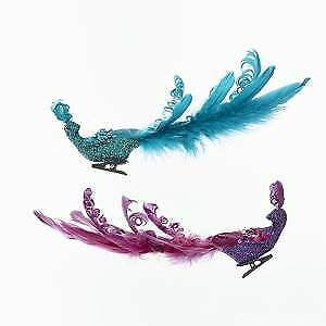 Set of 2 Teal and Purple Glittered Peacocks With Teal and Purple Sequined Feat