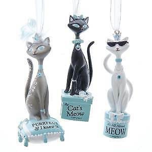 Set of 3 Grey, White and Black Cat With Sayings Ornaments