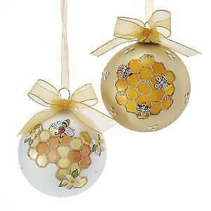Set of 2 80MM Glass Gold and White Ball With Bee Ornaments