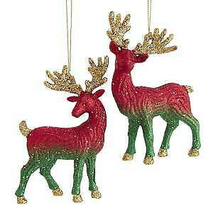 Set of 2 Red and Green Glitter Reindeer Ornaments