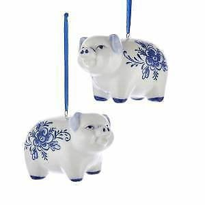 Set of 2 Porcelain Delft Blue Pig Ornaments