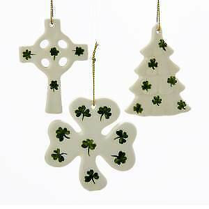 Set of 3 Porcelain Irish Tree, Cross and Shamrock Ornaments