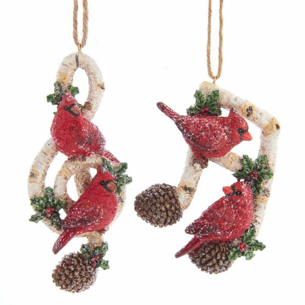 Set of 2 Birch Berries Cardinal With Music Note Ornaments