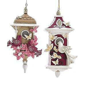 Set of 2 Burgundy and Pink Birdhouse Ornaments