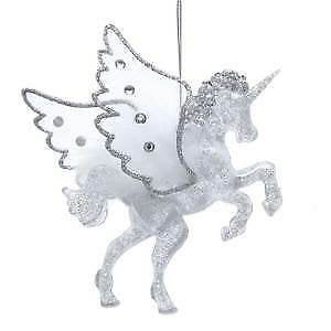 Silver Glittered Unicorn With Wings Ornament