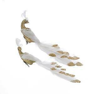 Set of 2 Feather Peacock With Pearls Clip-On Ornaments