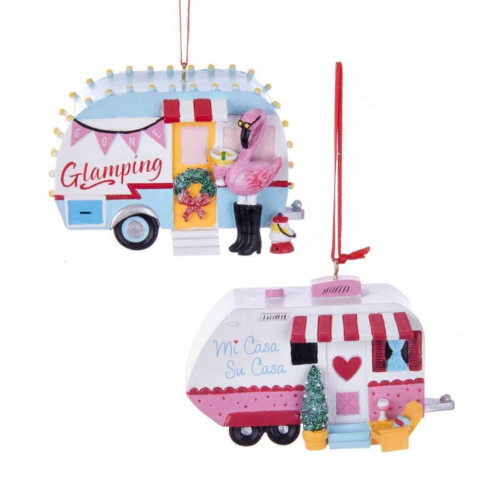 Set of 2 Pink, Blue and White Camper Ornaments