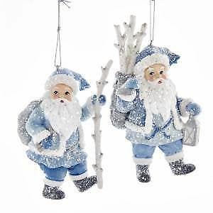 Set of 2 Blue Santa With Birch Bark Staff Ornaments